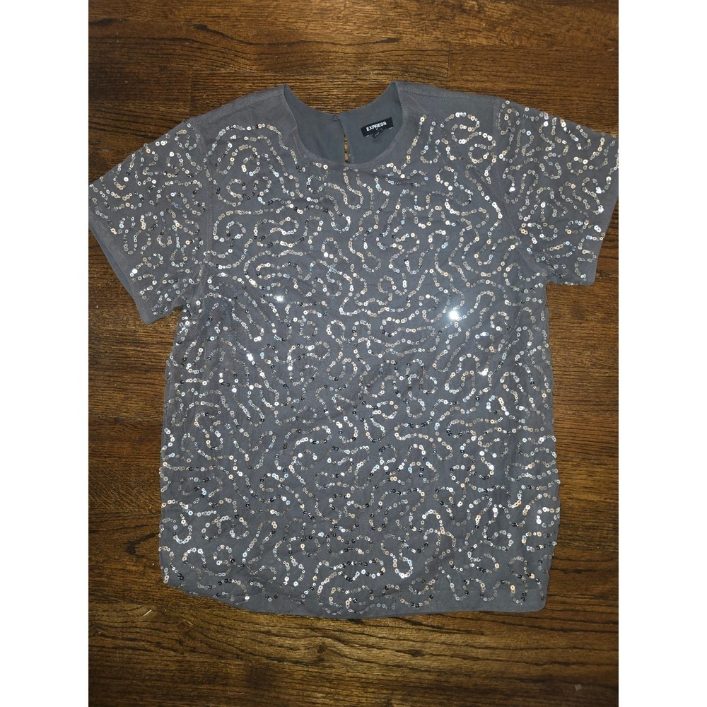 Express Sequin Blouse Womens Medium‎ Gray Excellent Short Sleeve Swirl Mesh Top